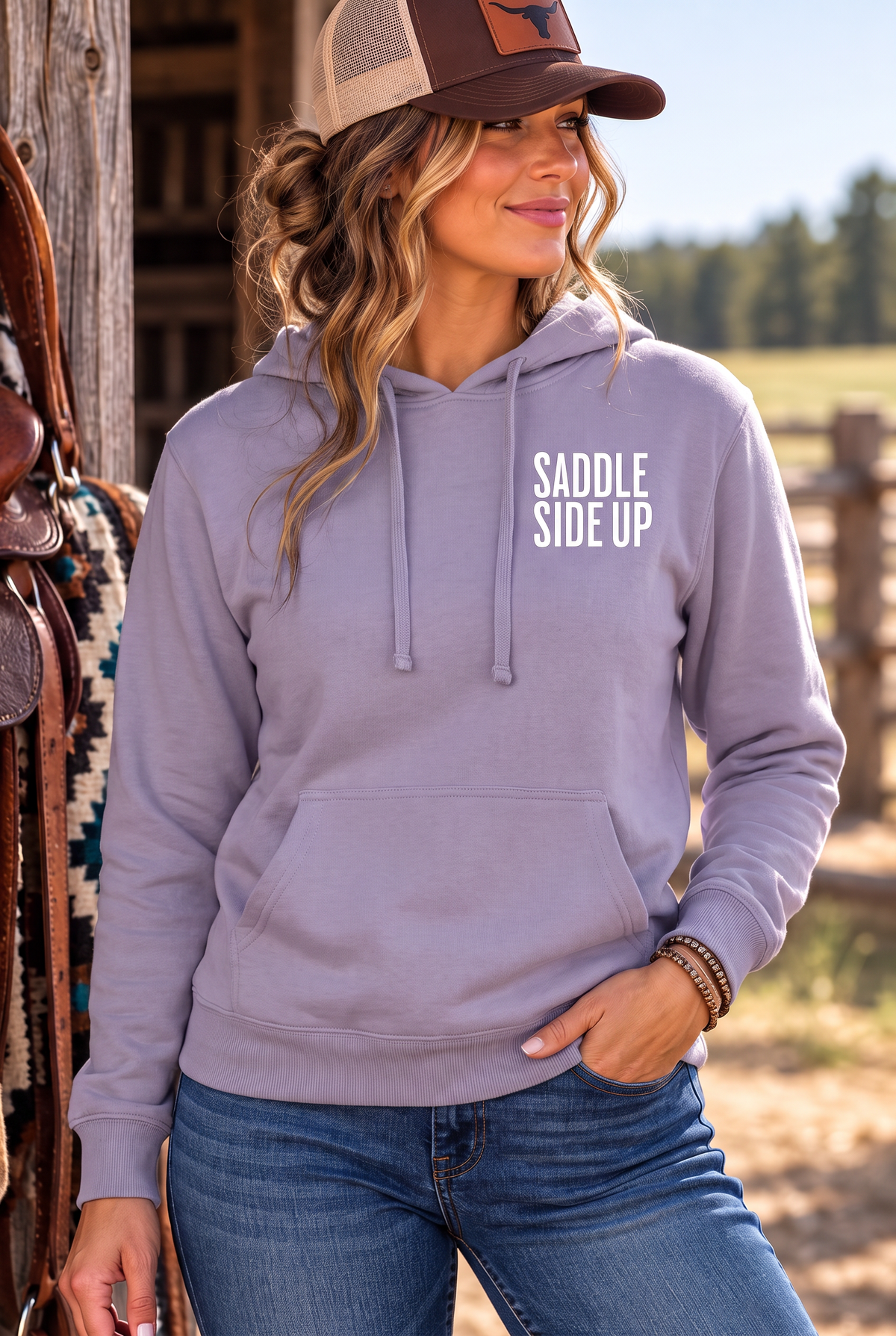 Get Ranchy Hoodie in Plum — female model, front view