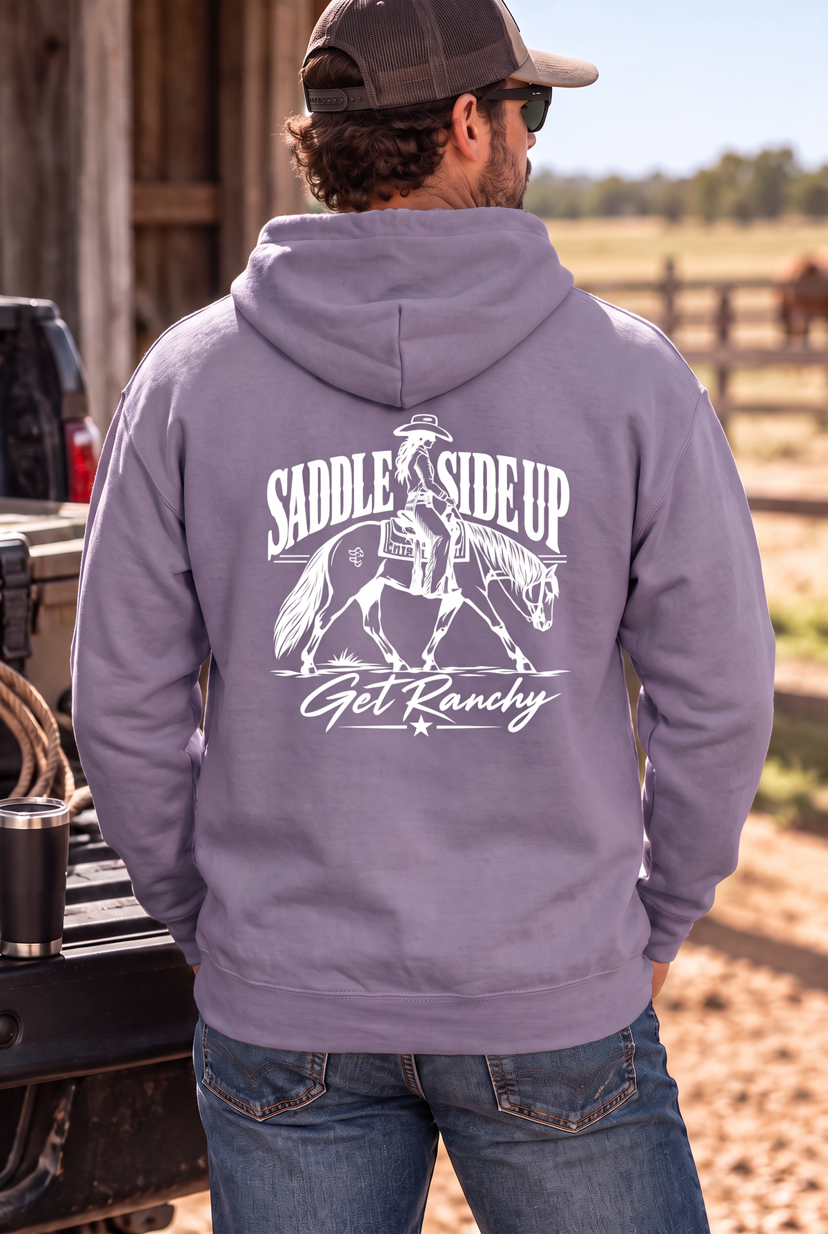 Get Ranchy Hoodie in Plum — male model, back view