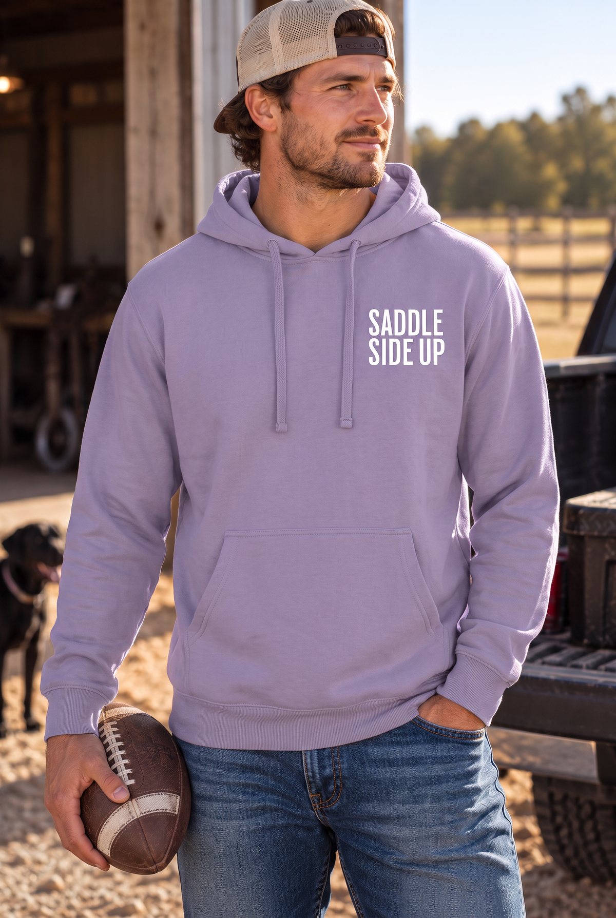 Get Ranchy Hoodie in Plum — male model, front view