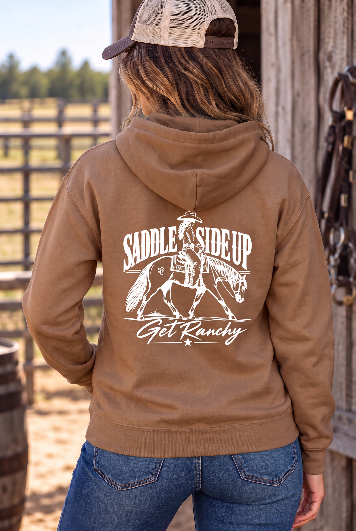 Get Ranchy Hoodie in Saddle — female model, back view