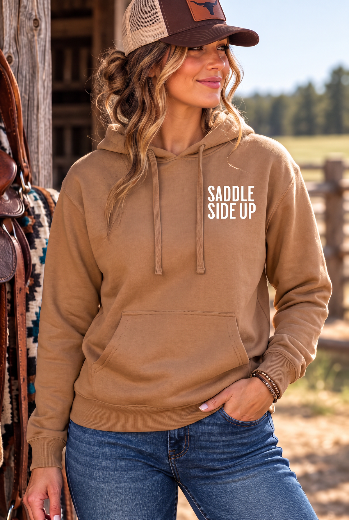 Get Ranchy Hoodie in Saddle — female model, front view