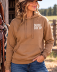 Get Ranchy Hoodie in Saddle — female model, front view