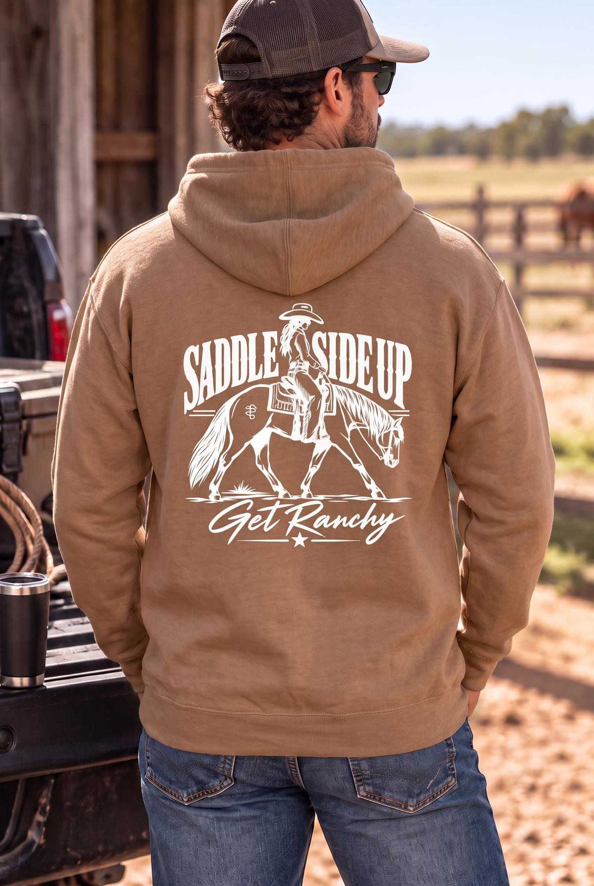 Get Ranchy Hoodie in Saddle — male model, back view