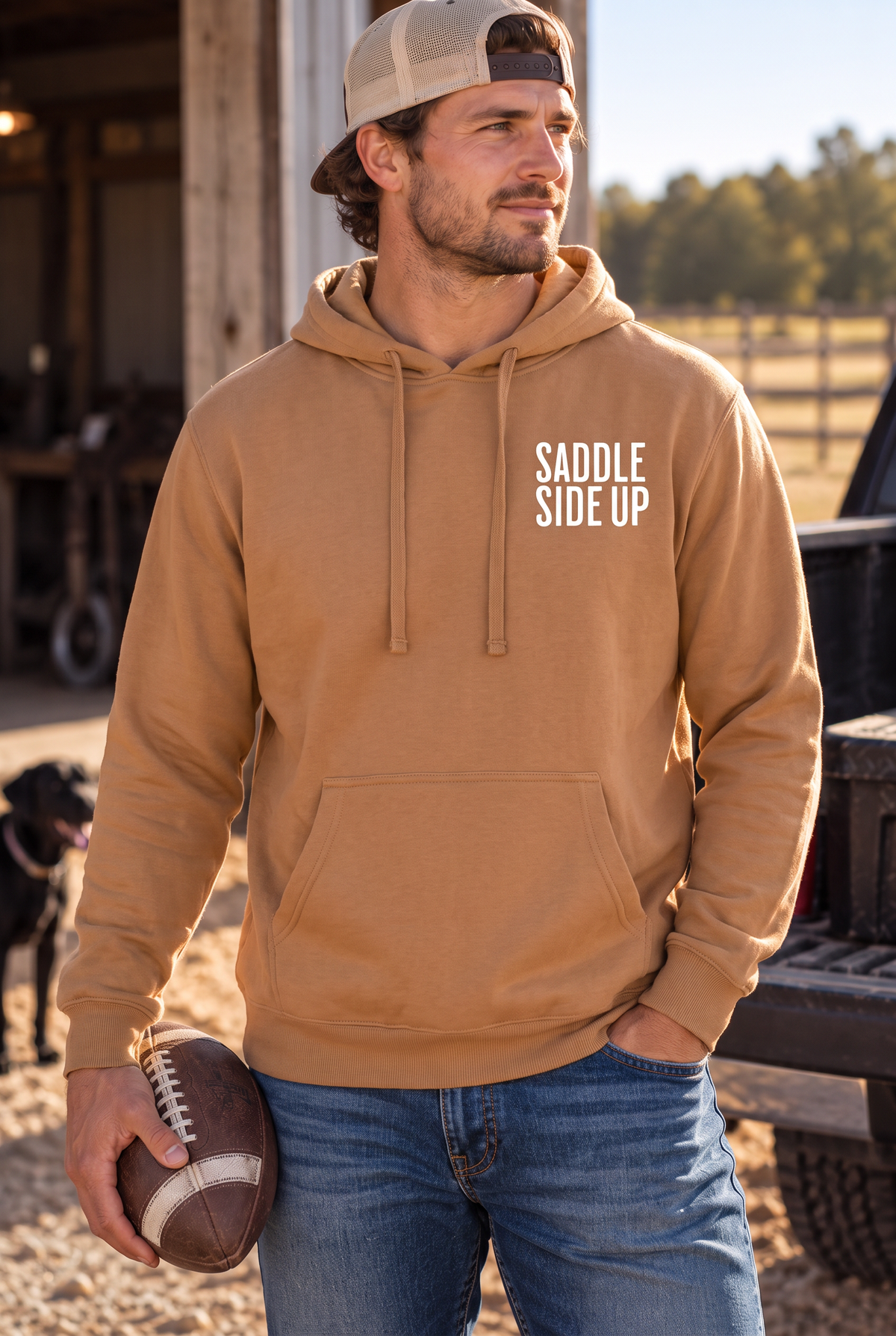 Get Ranchy Hoodie in Saddle — male model, front view