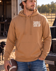 Get Ranchy Hoodie in Saddle — male model, front view