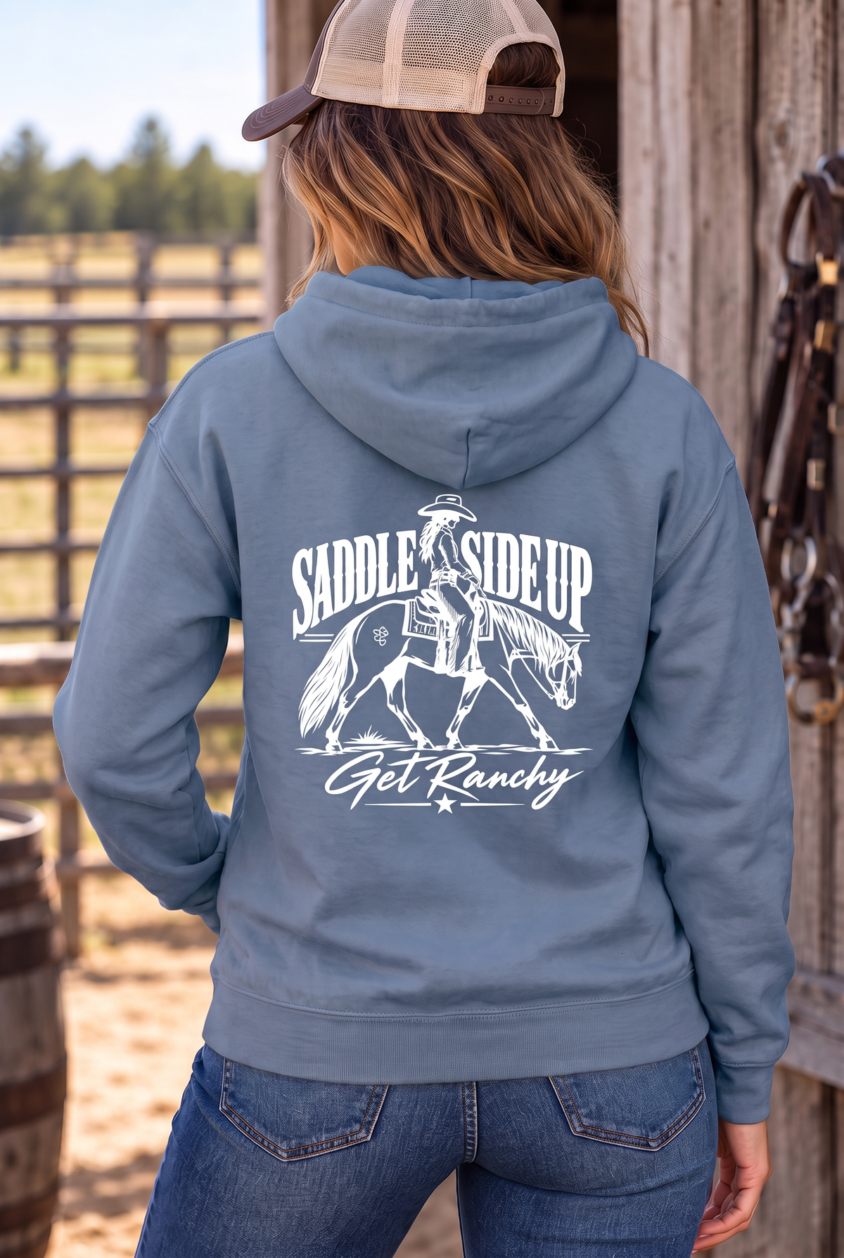 Get Ranchy Hoodie in Storm Blue — female model, back view
