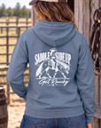 Get Ranchy Hoodie in Storm Blue — female model, back view