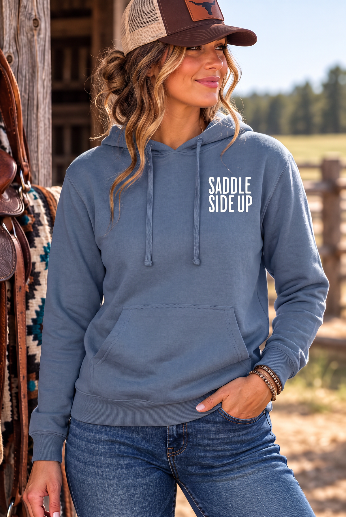 Get Ranchy Hoodie in Storm Blue — female model, front view