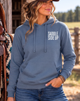 Get Ranchy Hoodie in Storm Blue — female model, front view