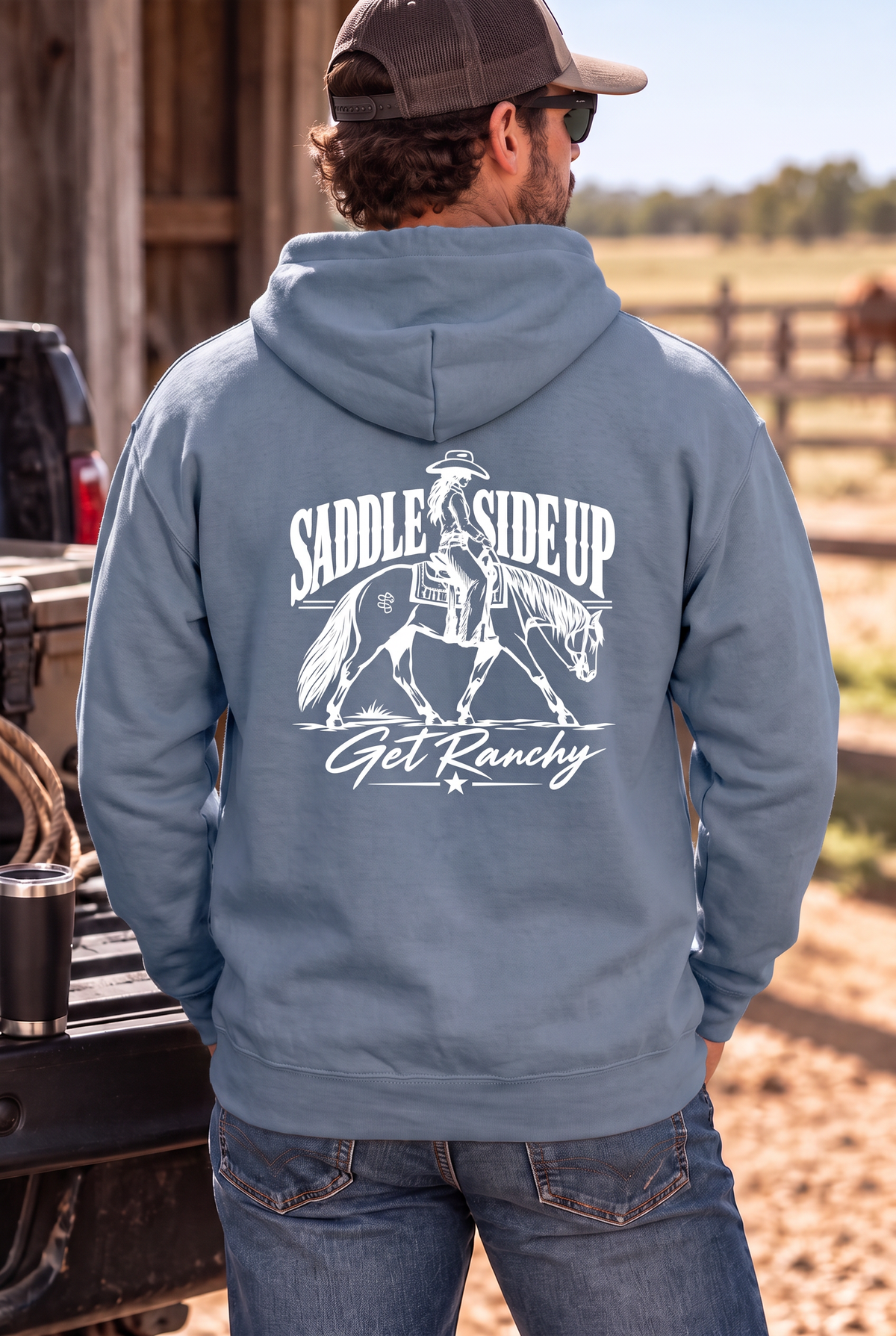 Get Ranchy Hoodie in Storm Blue — male model, back view