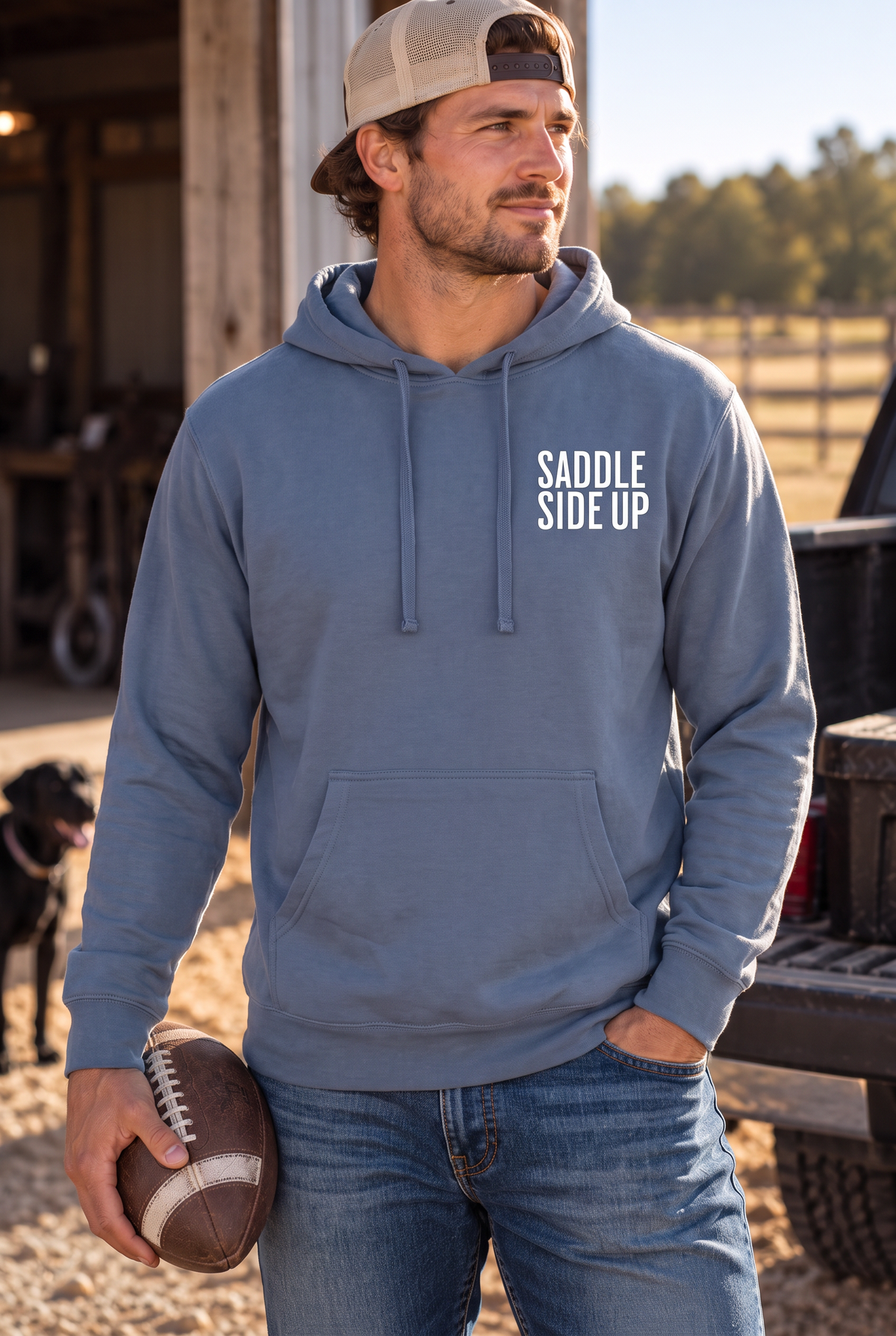 Get Ranchy Hoodie in Storm Blue — male model, front view