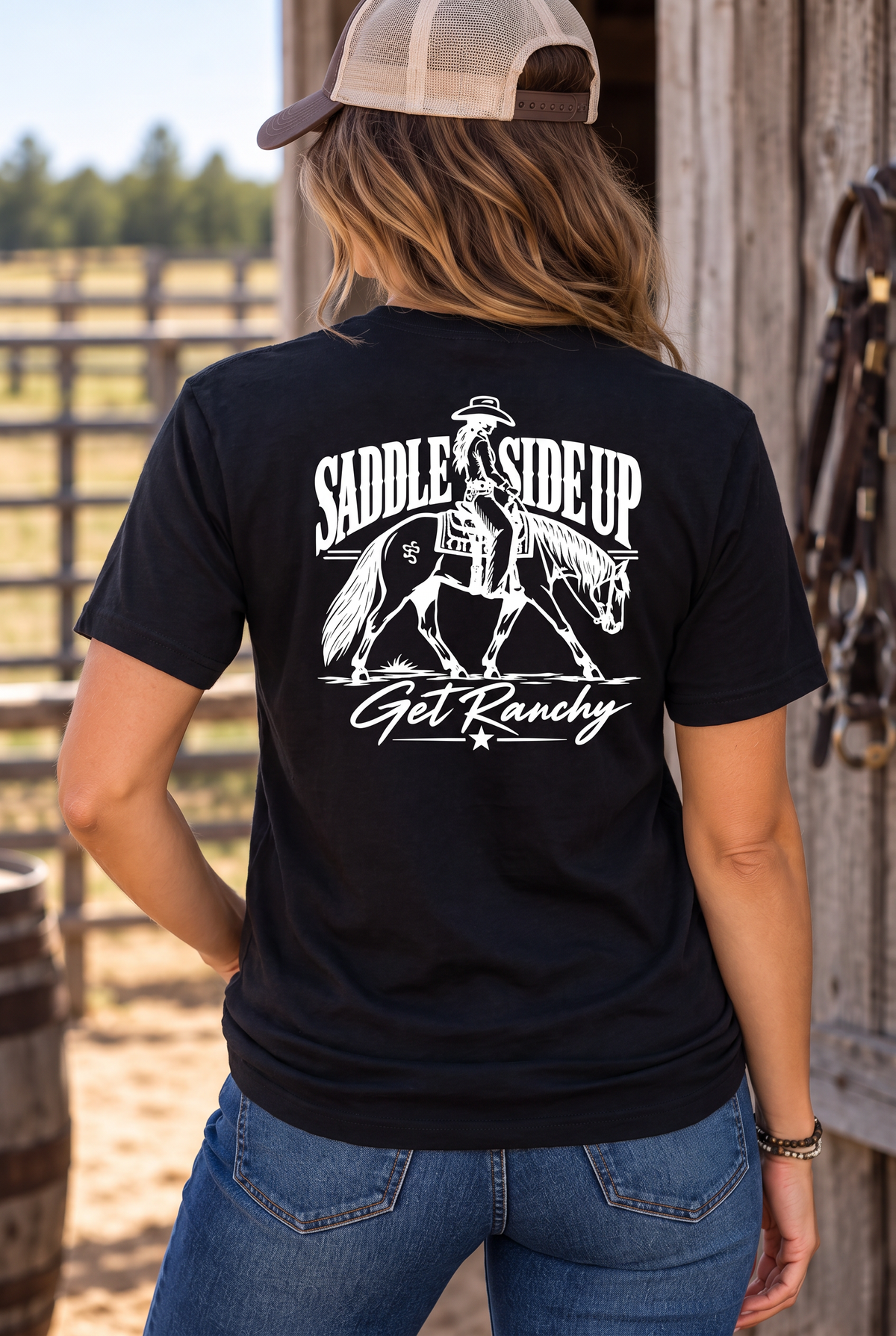Get Ranchy Tee in Black — female model, back view
