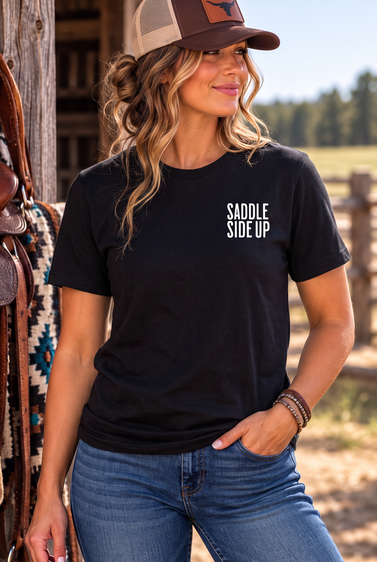 Get Ranchy Tee in Black — female model, front view
