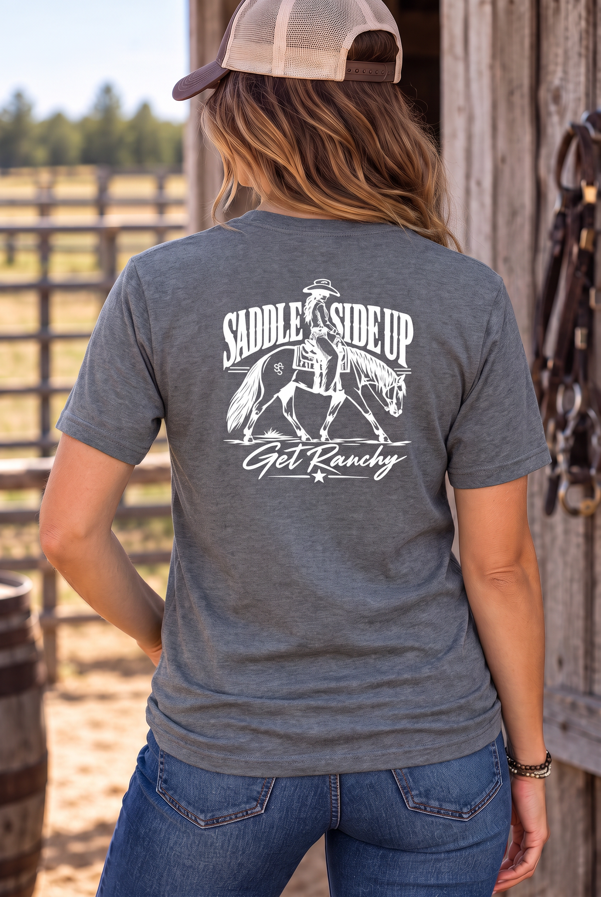 Get Ranchy Tee in Dark Heather — female model, back view