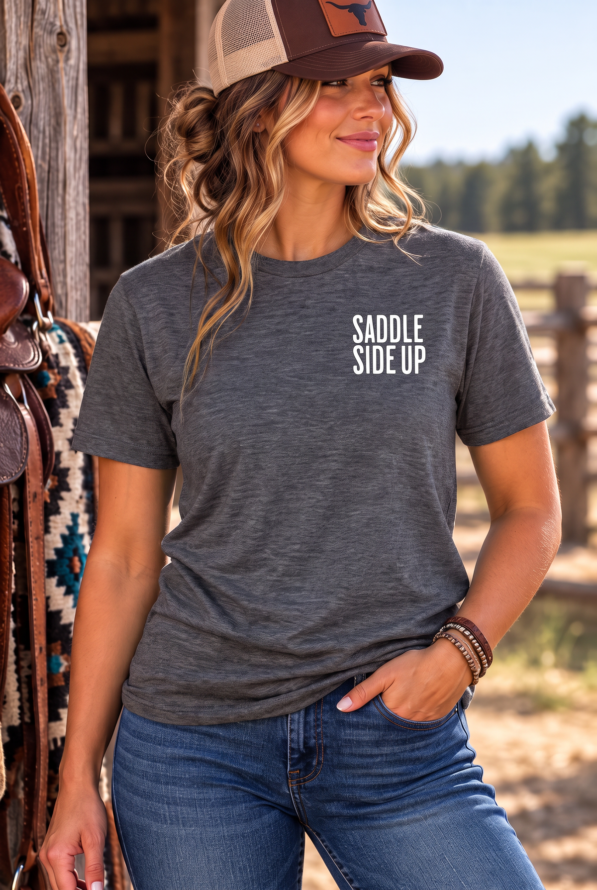 Get Ranchy Tee in Dark Heather — female model, front view