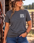 Get Ranchy Tee in Dark Heather — female model, front view
