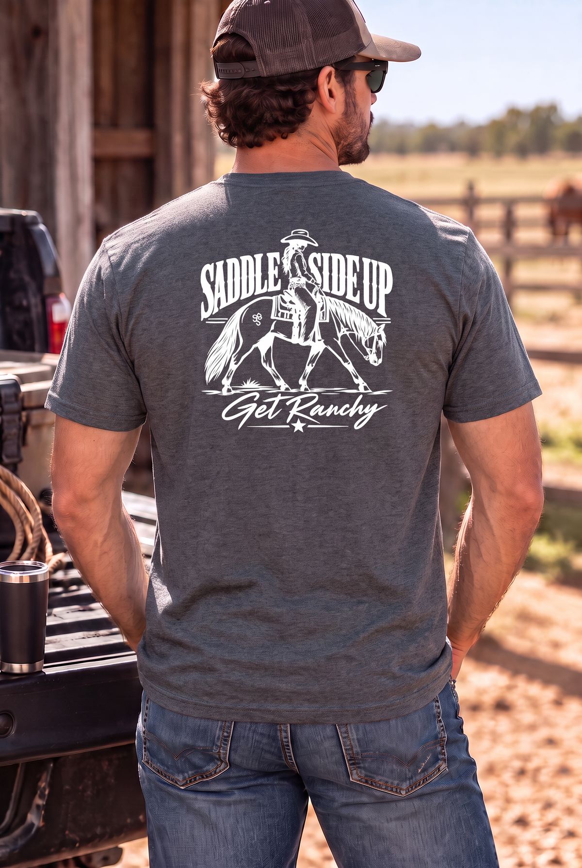 Get Ranchy Tee in Dark Heather — male model, back view