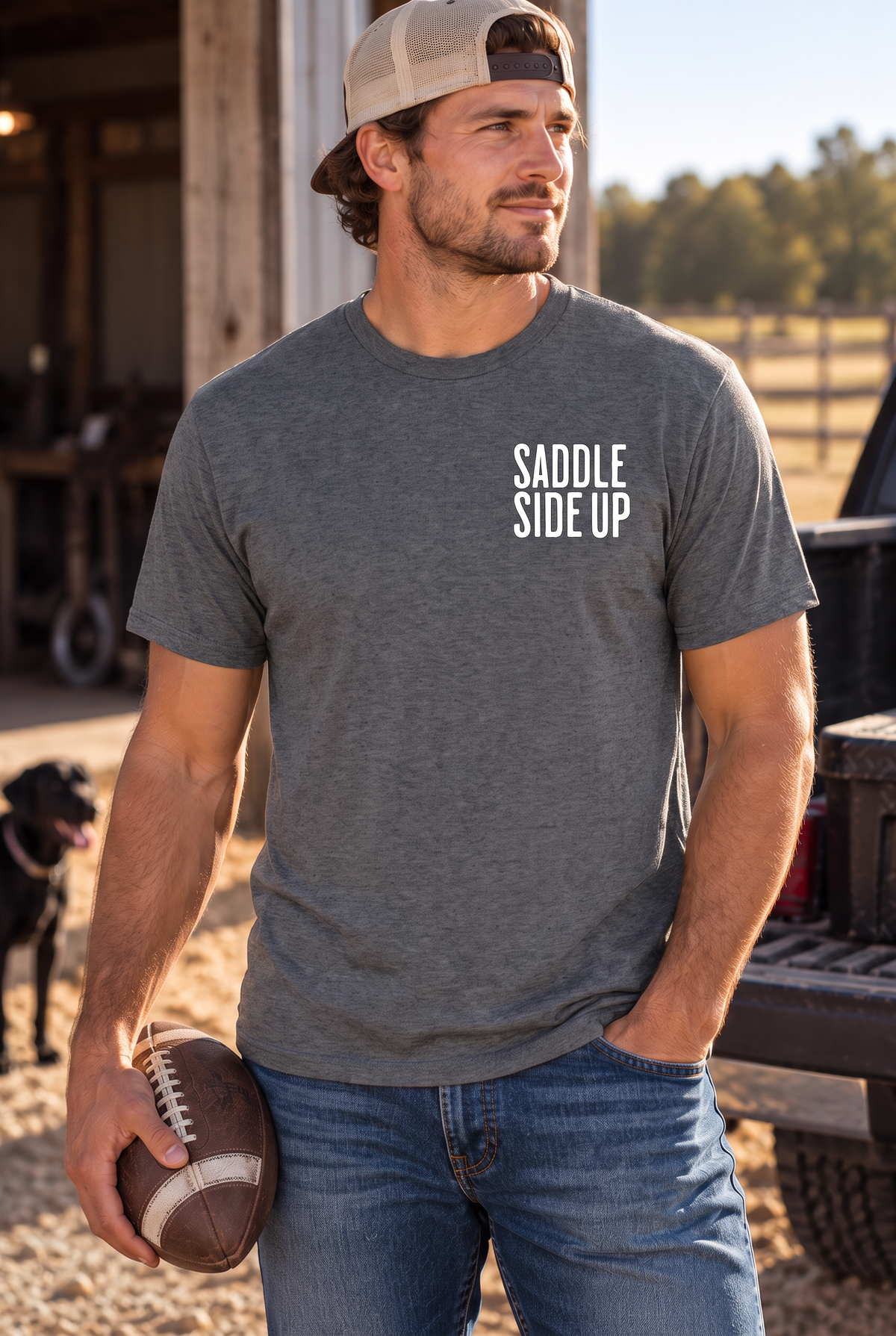 Get Ranchy Tee in Dark Heather — male model, front view