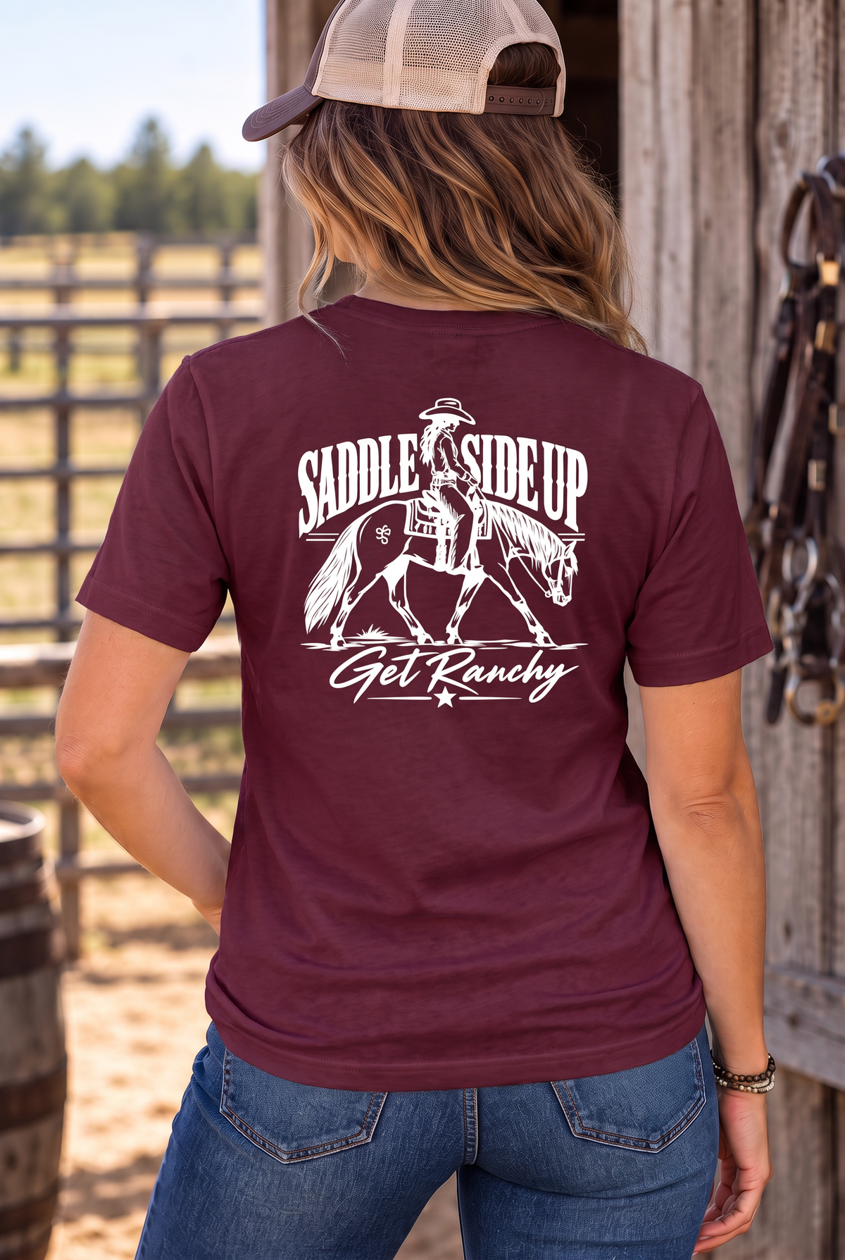 Get Ranchy Tee in Dark Maroon — female model, back view