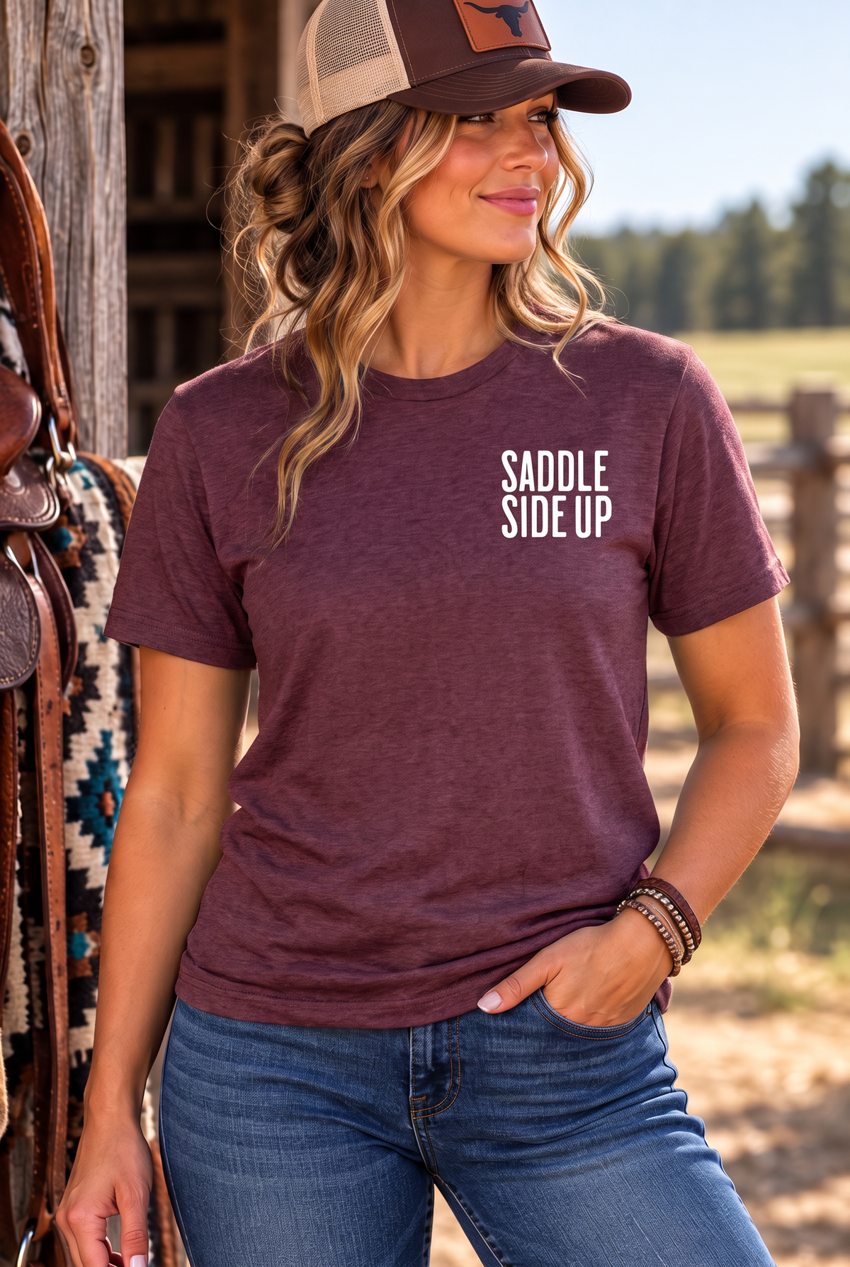 Get Ranchy Tee in Dark Maroon — female model, front view