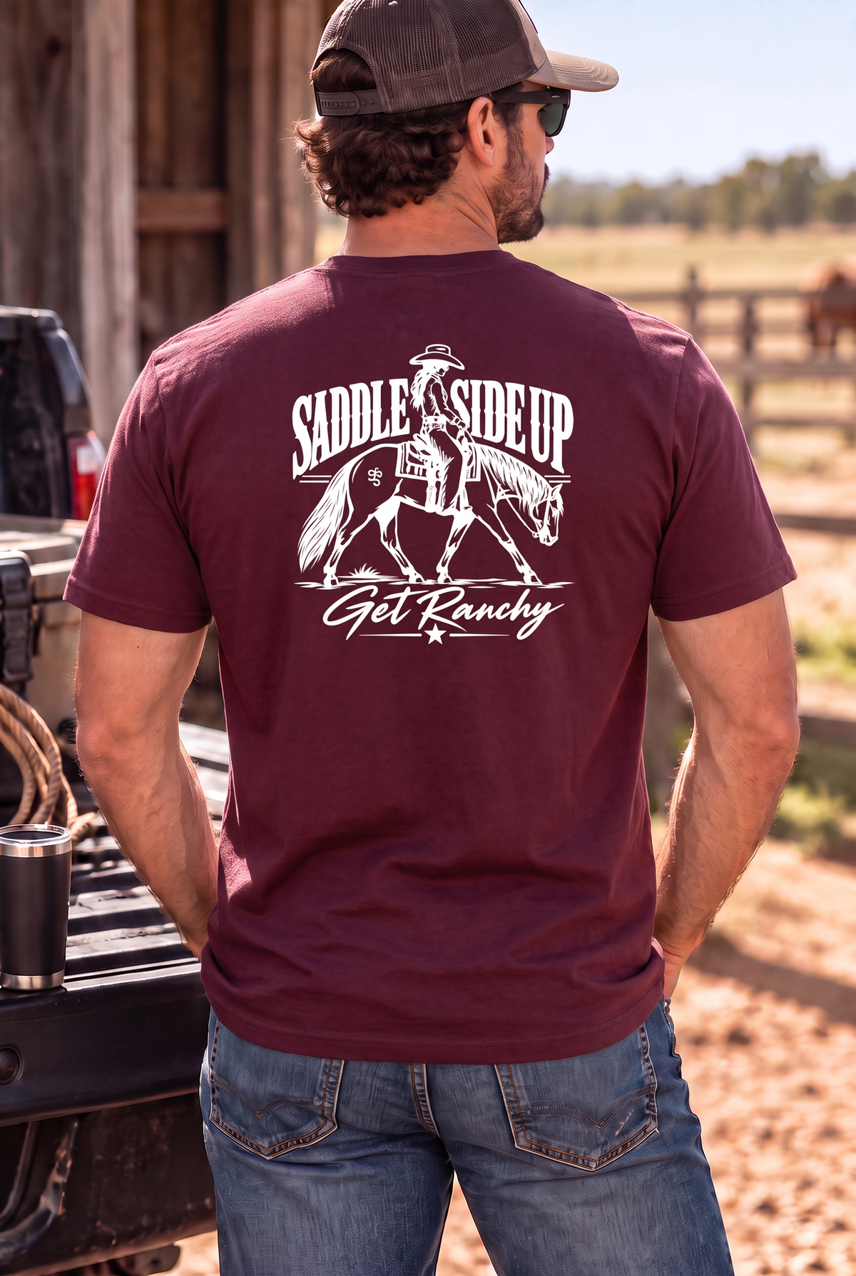 Get Ranchy Tee in Dark Maroon — male model, back view