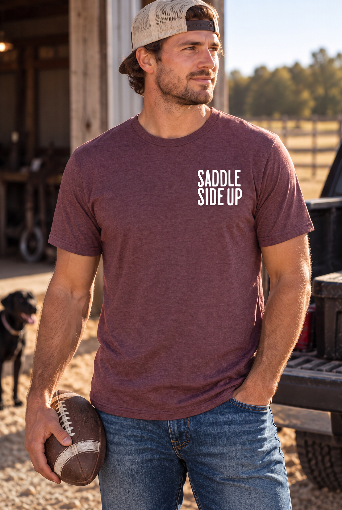 Get Ranchy Tee in Dark Maroon — male model, front view