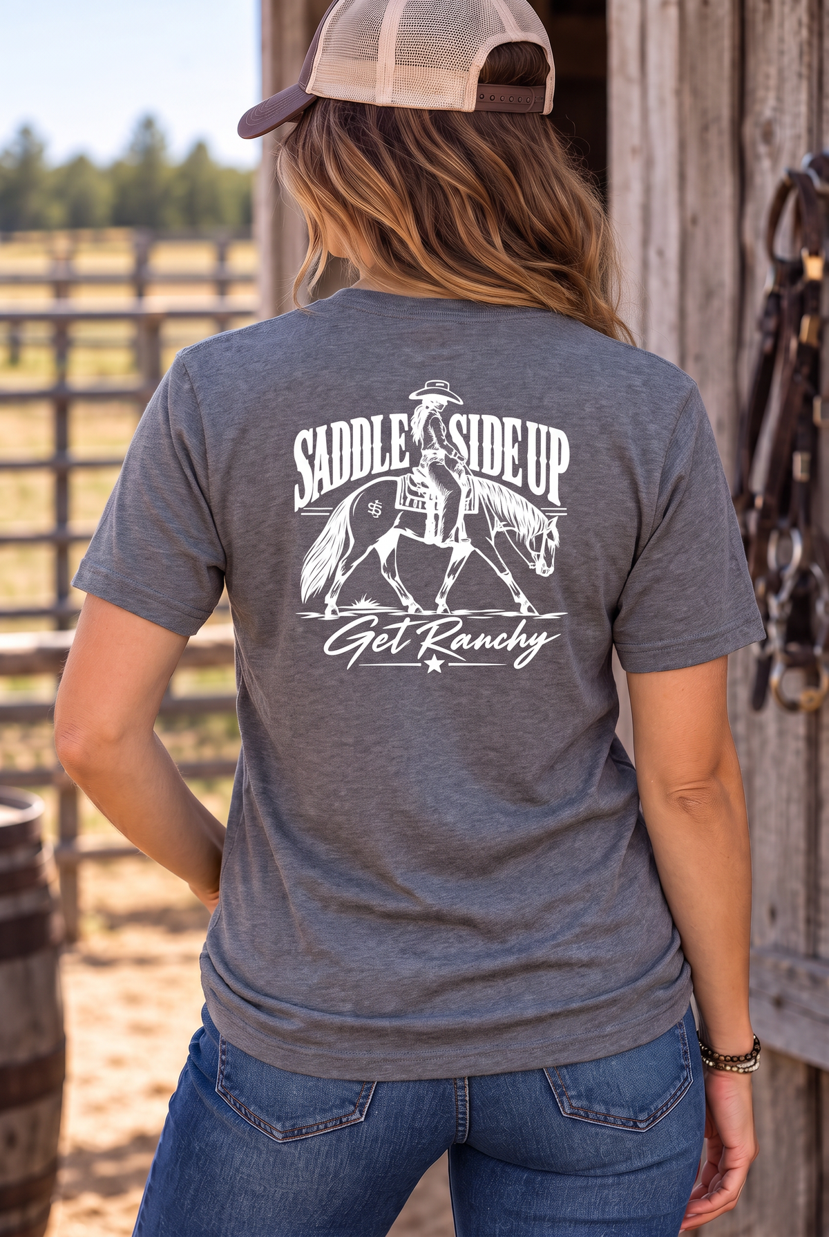 Get Ranchy Tee in Graphite Heather — female model, back view