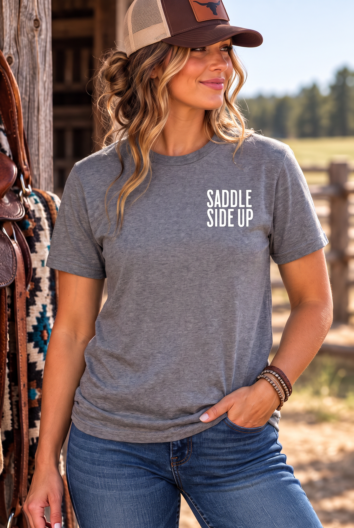 Get Ranchy Tee in Graphite Heather — female model, front view