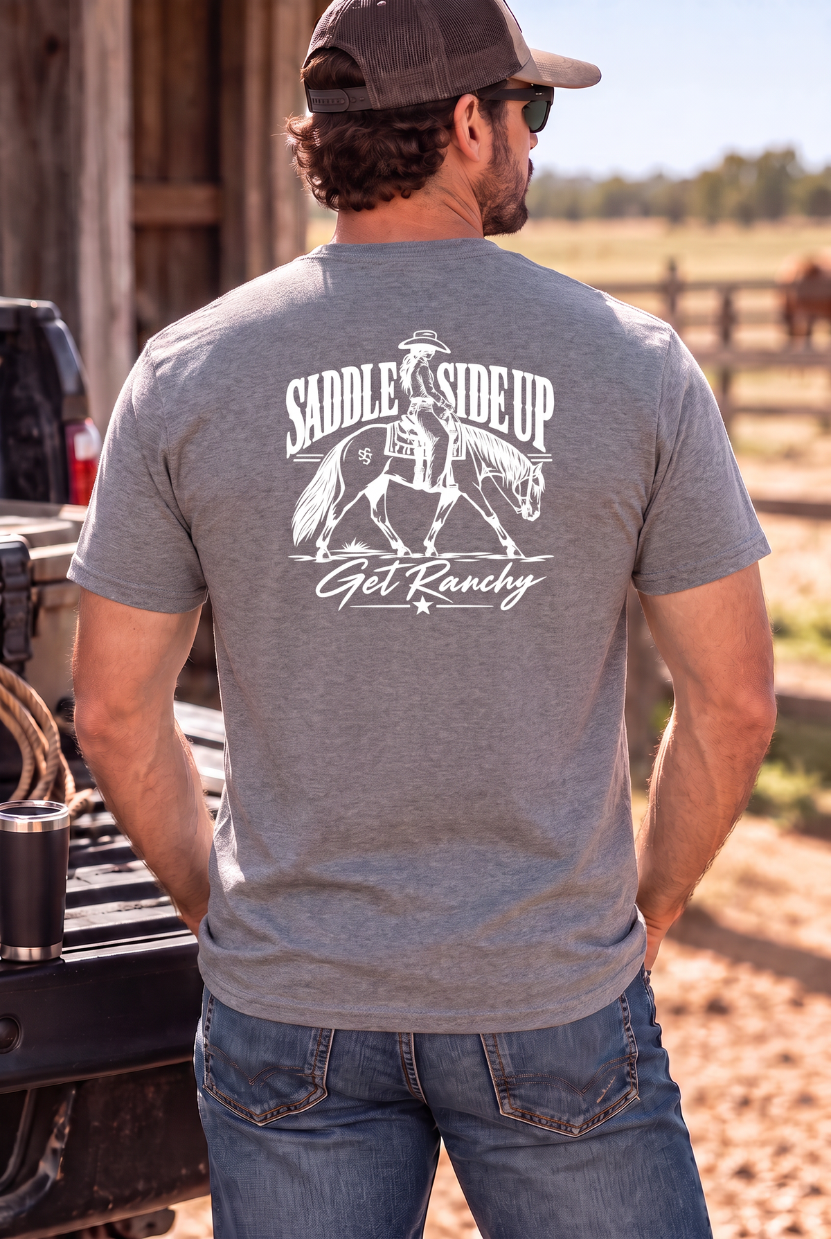 Get Ranchy Tee in Graphite Heather — male model, back view