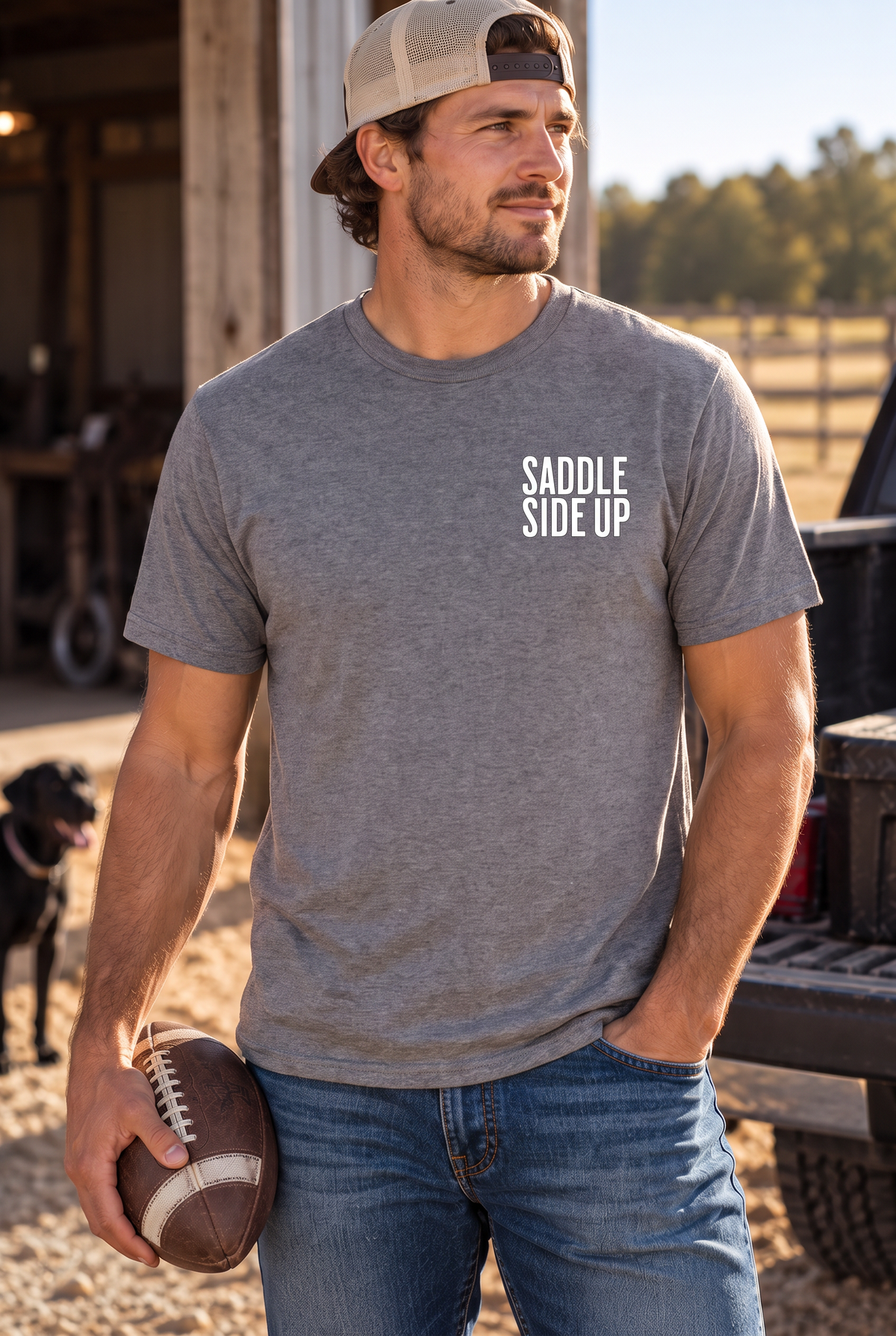 Get Ranchy Tee in Graphite Heather — male model, front view