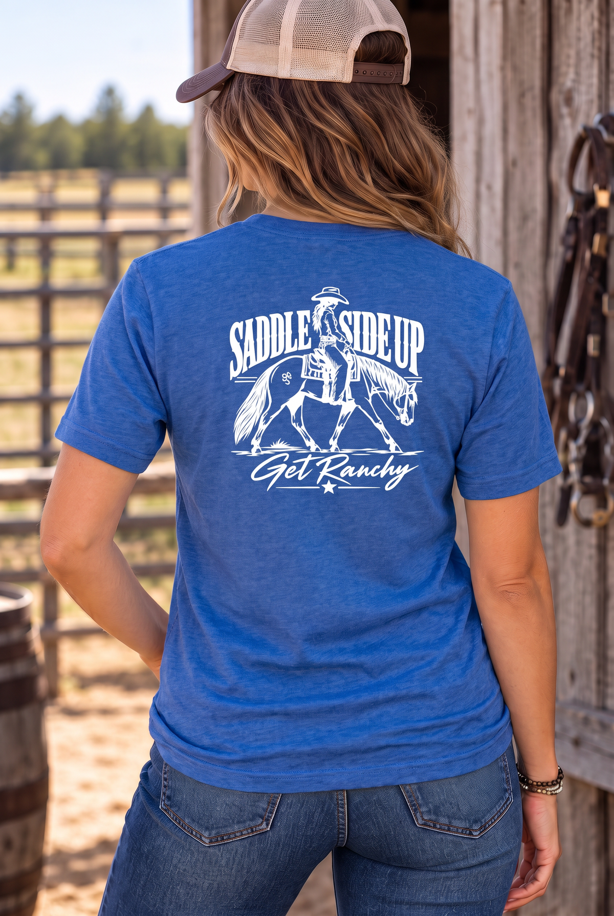 Get Ranchy Tee in Heather Deep Royal — female model, back view