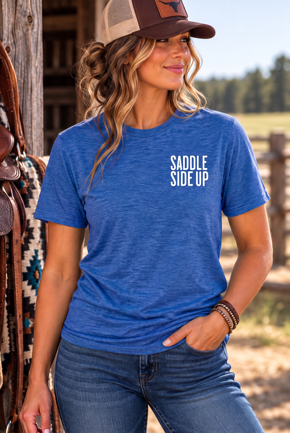 Get Ranchy Tee in Heather Deep Royal — female model, front view