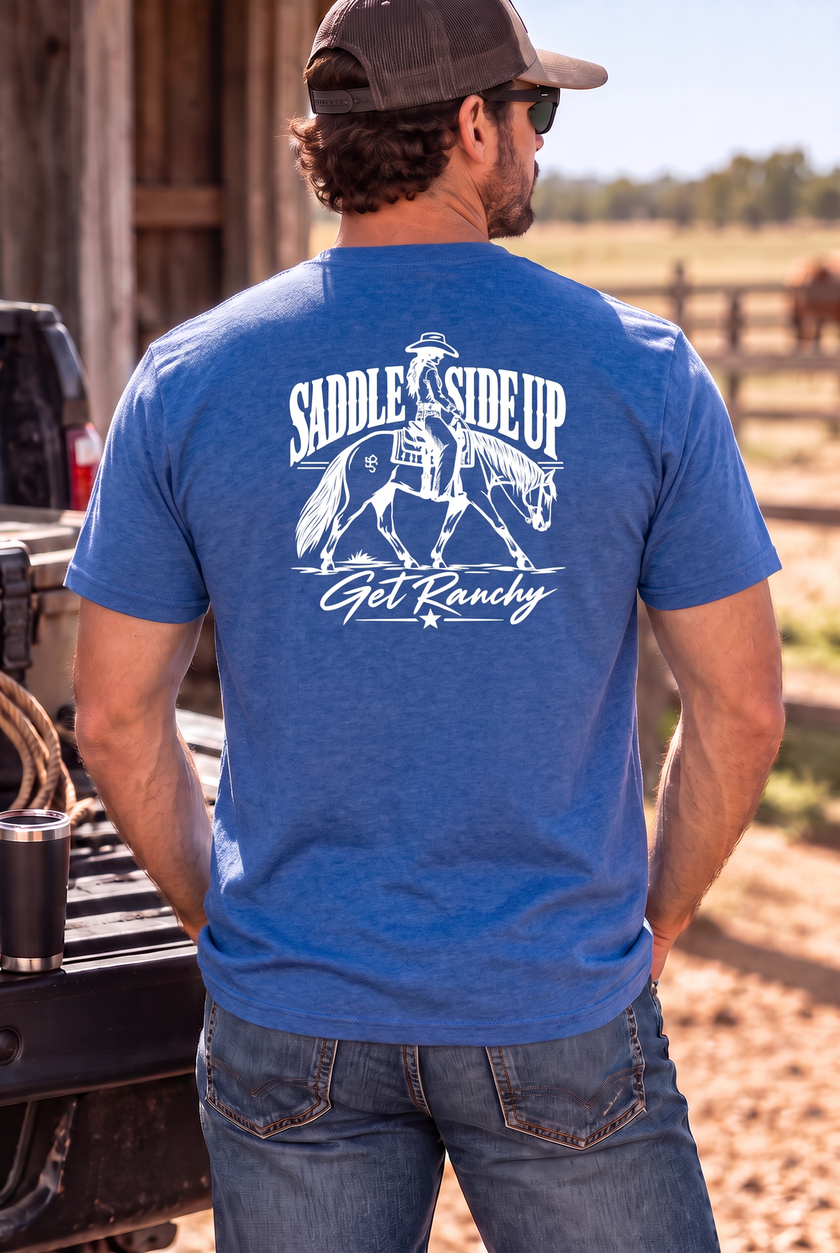 Get Ranchy Tee in Heather Deep Royal — male model, back view