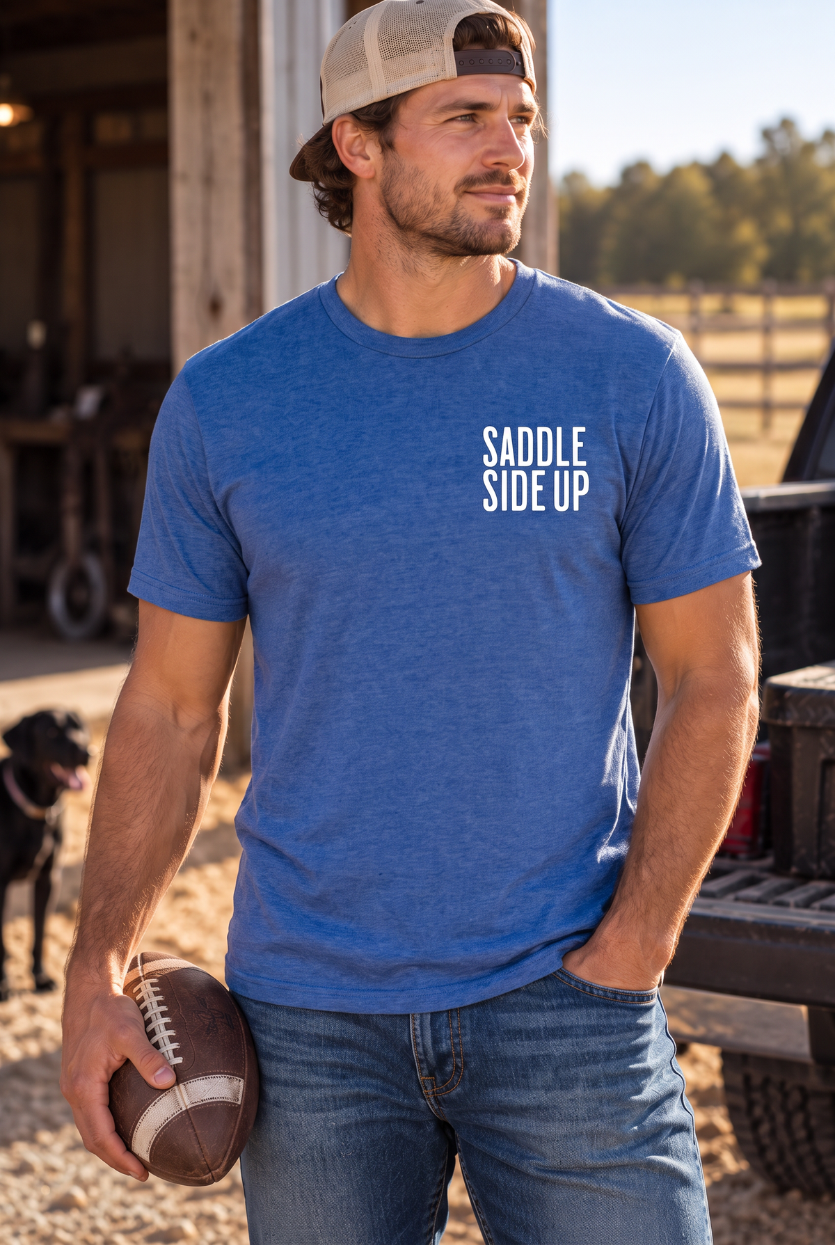 Get Ranchy Tee in Heather Deep Royal — male model, front view