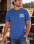 Get Ranchy Tee in Heather Deep Royal — male model, front view
