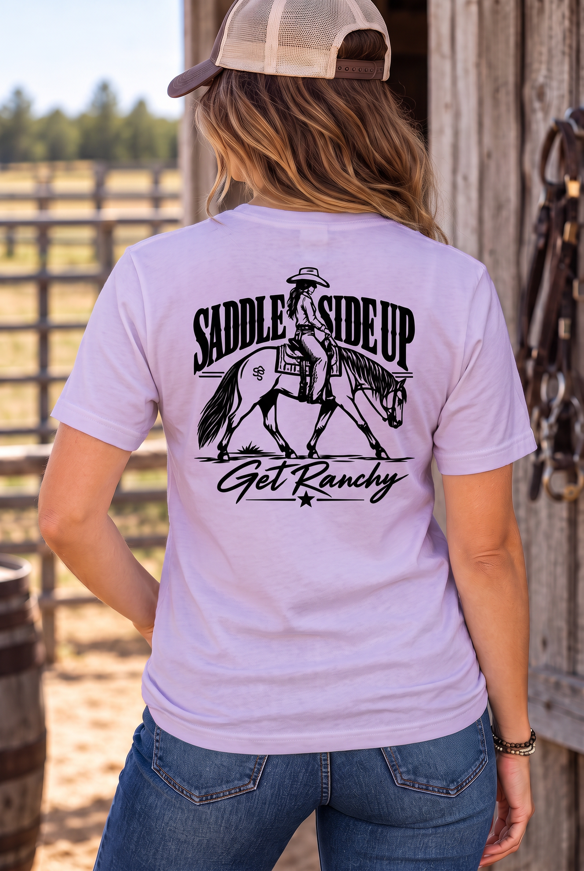 Get Ranchy Tee in Orchid — female model, back view