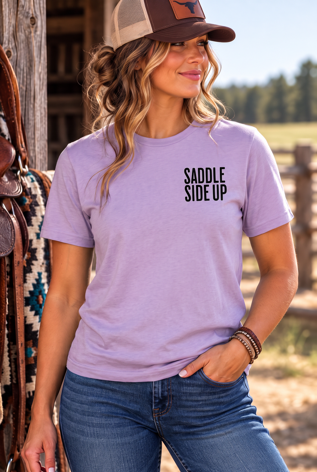 Get Ranchy Tee in Orchid — female model, front view