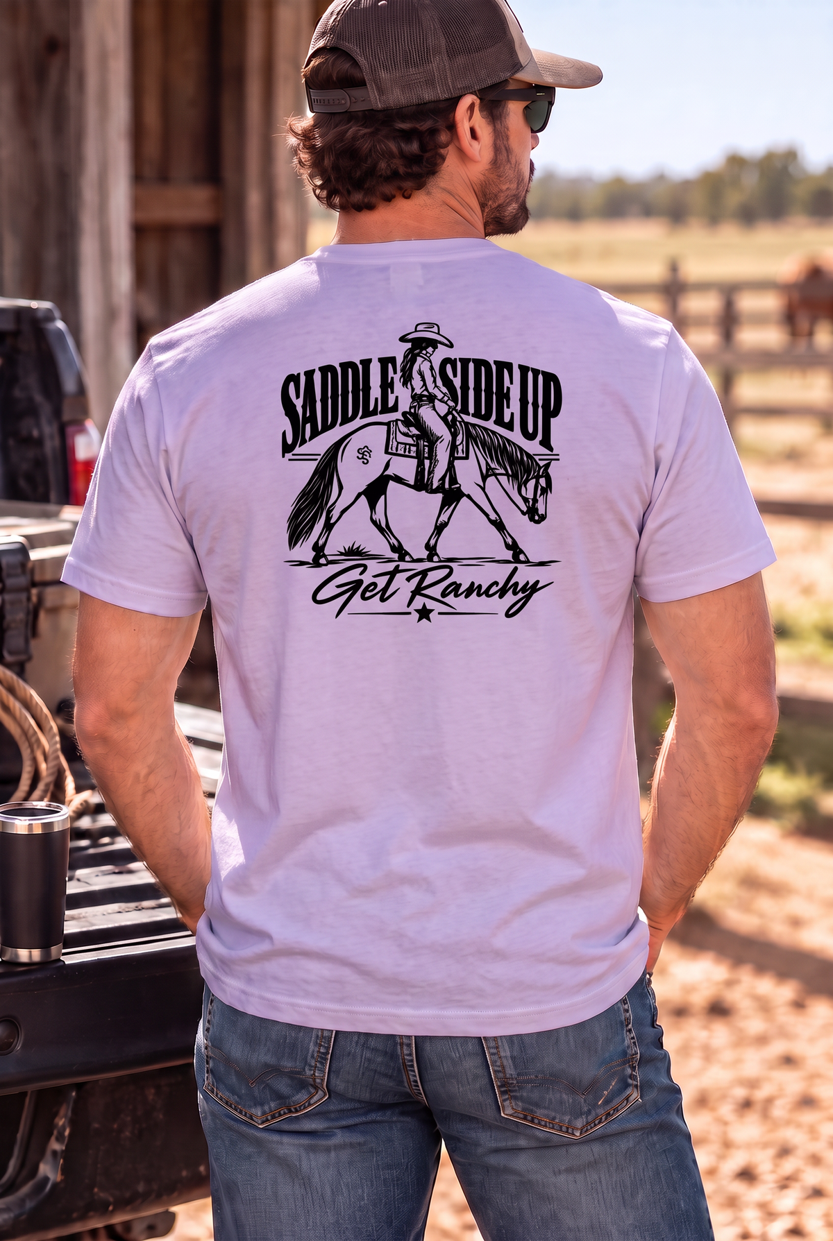 Get Ranchy Tee in Orchid — male model, back view