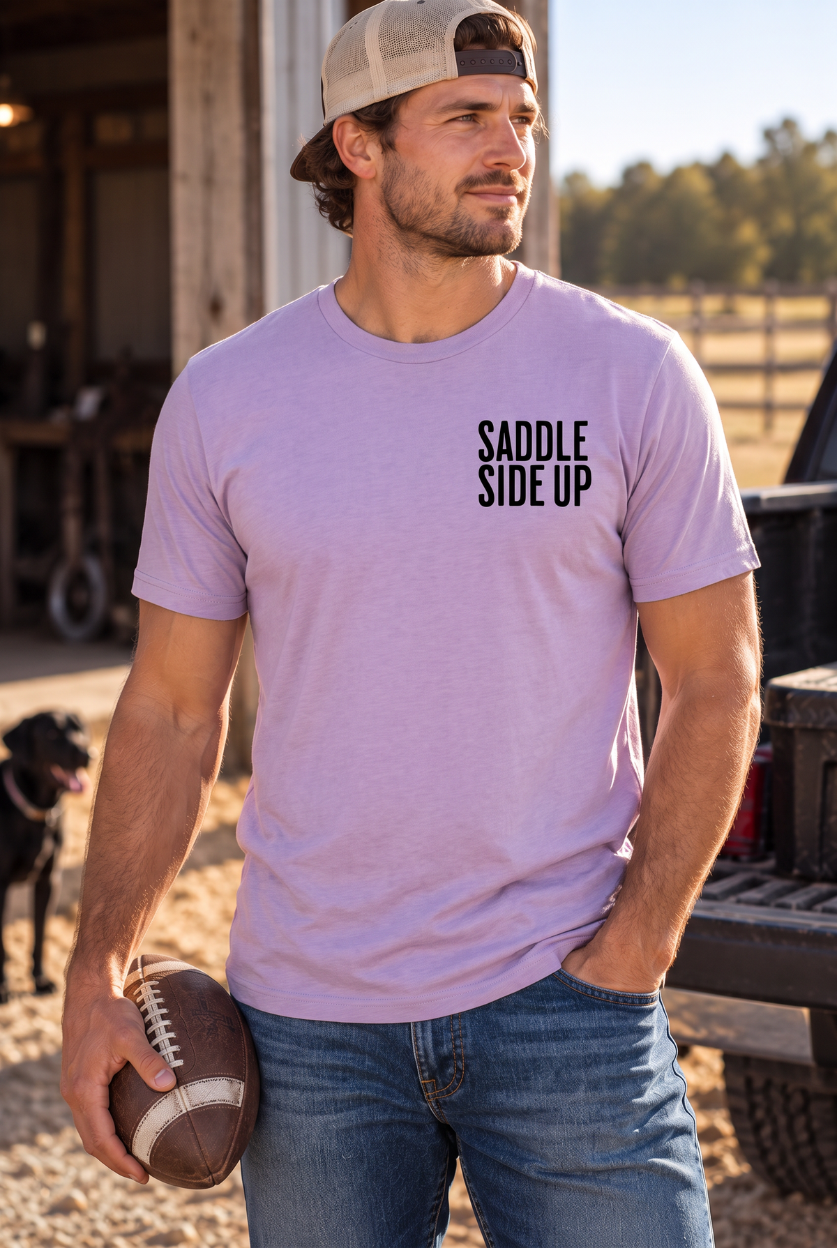 Get Ranchy Tee in Orchid — male model, front view