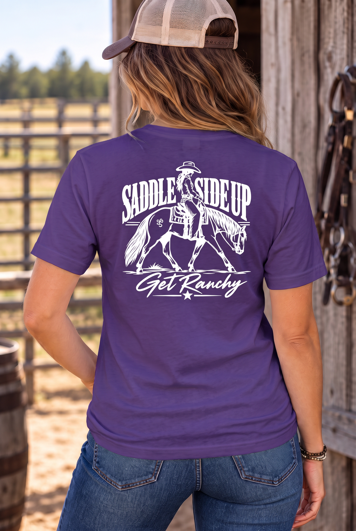 Get Ranchy Tee in Purple — female model, back view