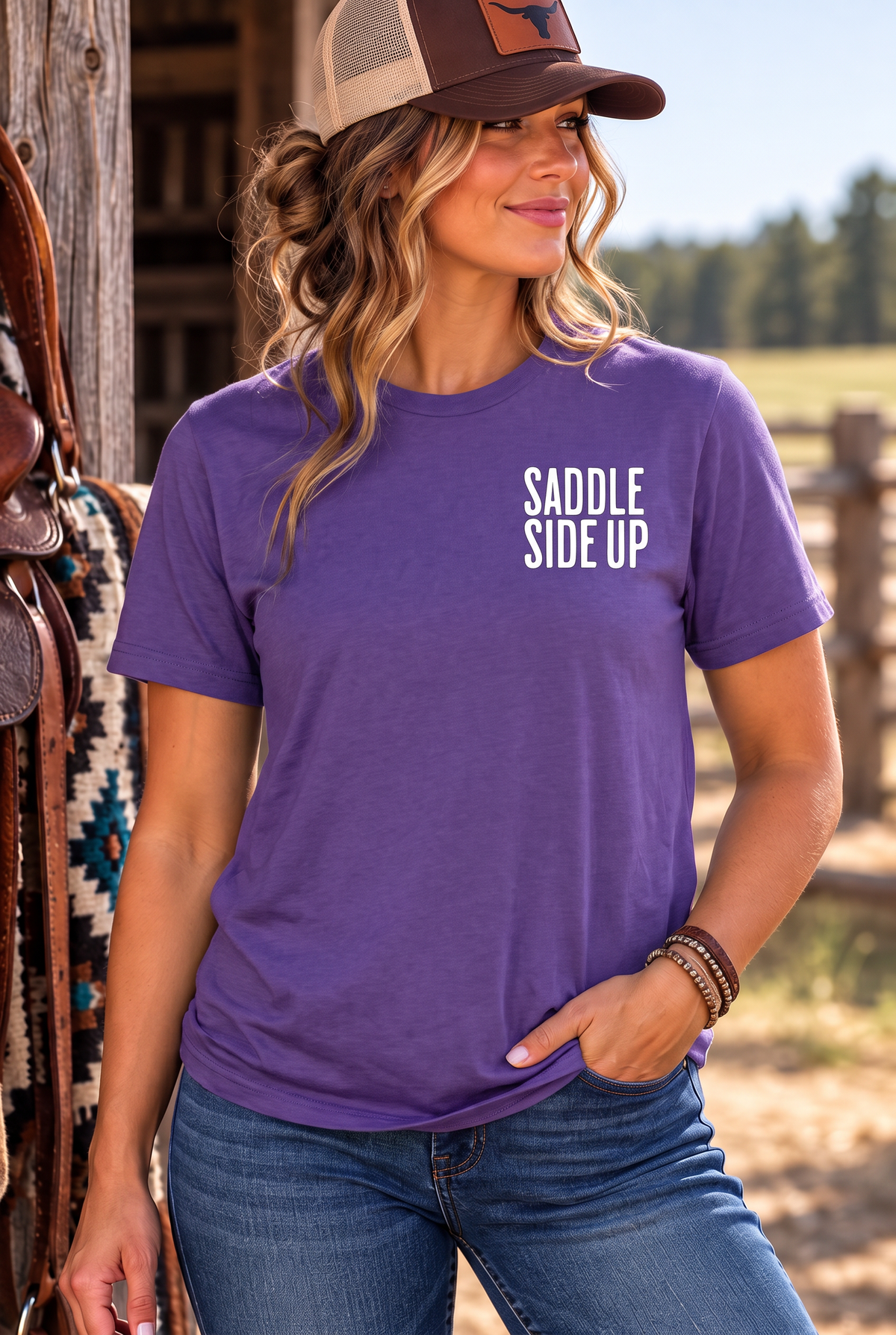 Get Ranchy Tee in Purple — female model, front view