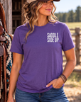 Get Ranchy Tee in Purple — female model, front view