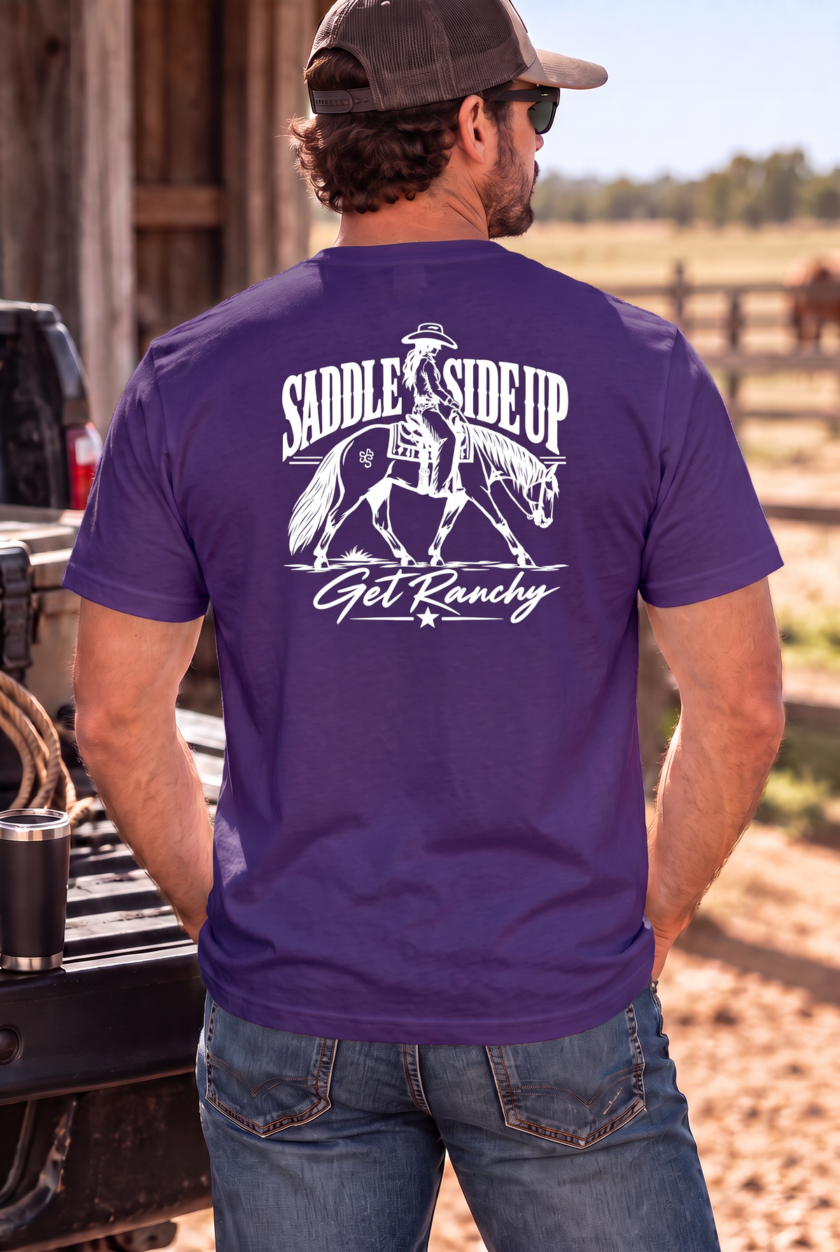 Get Ranchy Tee in Purple — male model, back view
