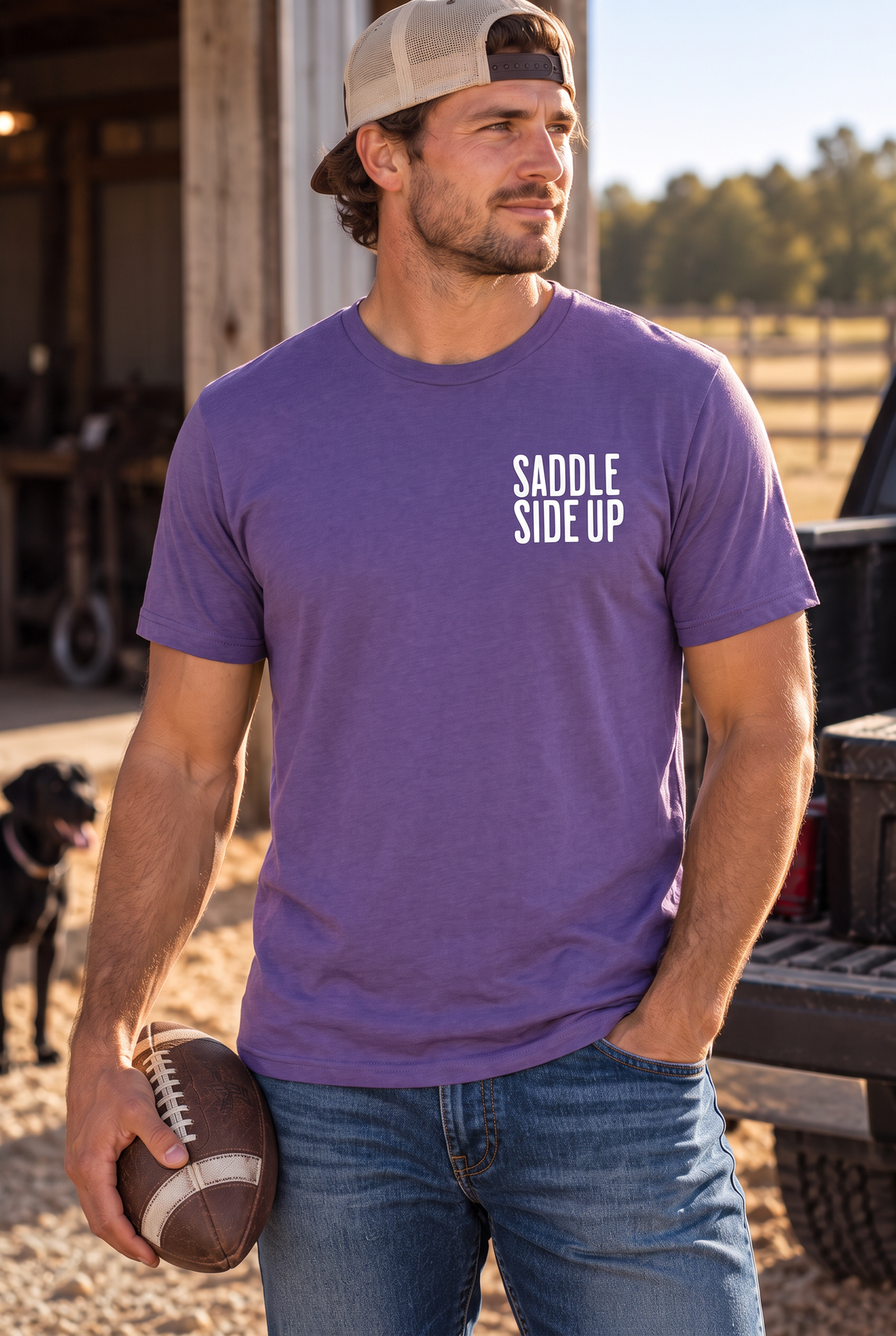 Get Ranchy Tee in Purple — male model, front view