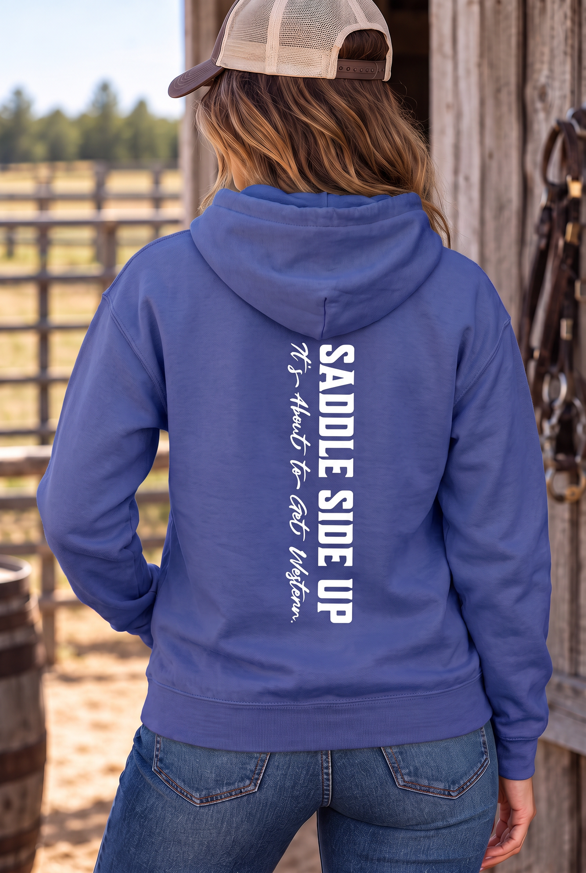 Get Western Hoodie in Cobalt — female model, back view
