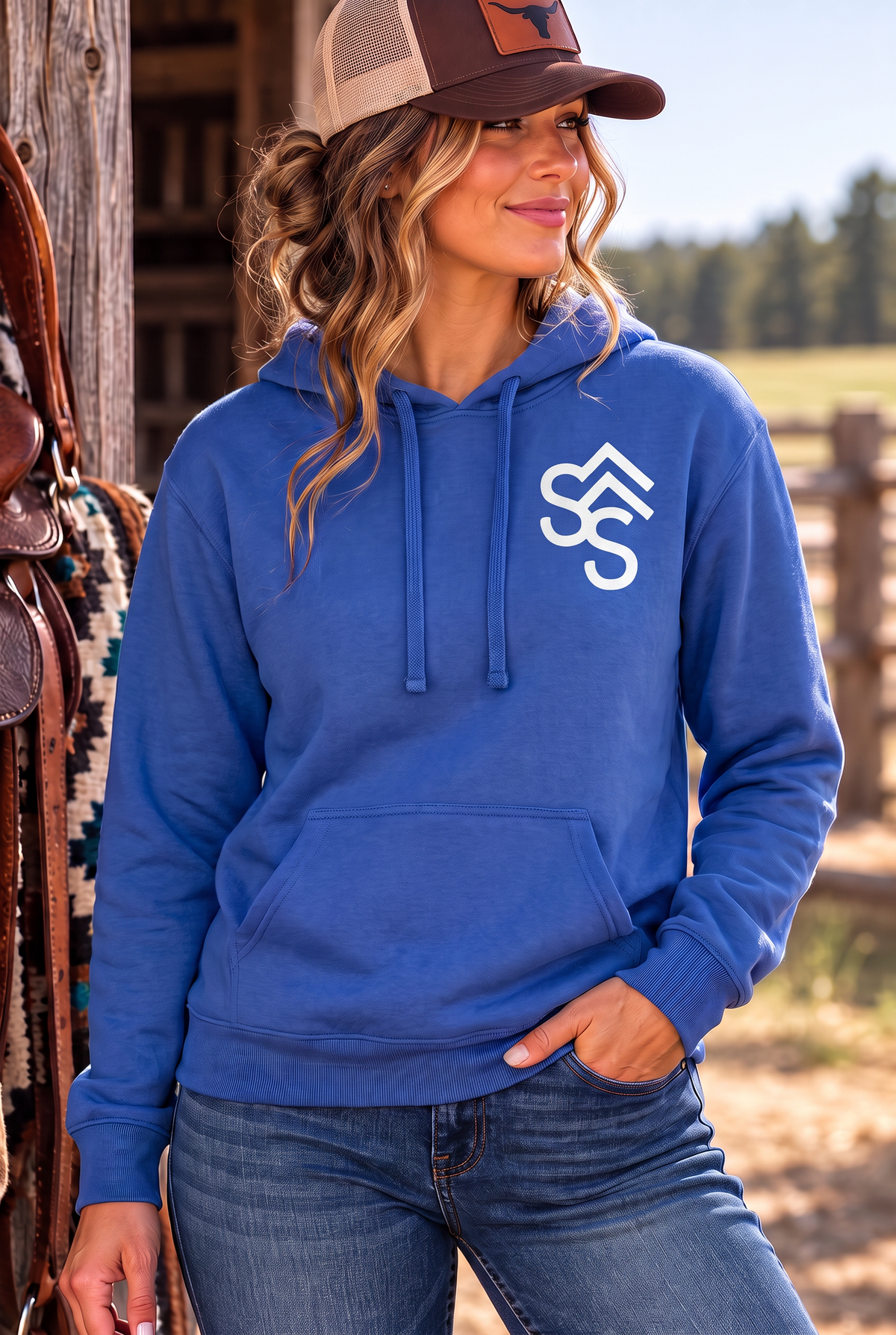 Get Western Hoodie in Cobalt — female model, front view
