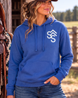 Get Western Hoodie in Cobalt — female model, front view