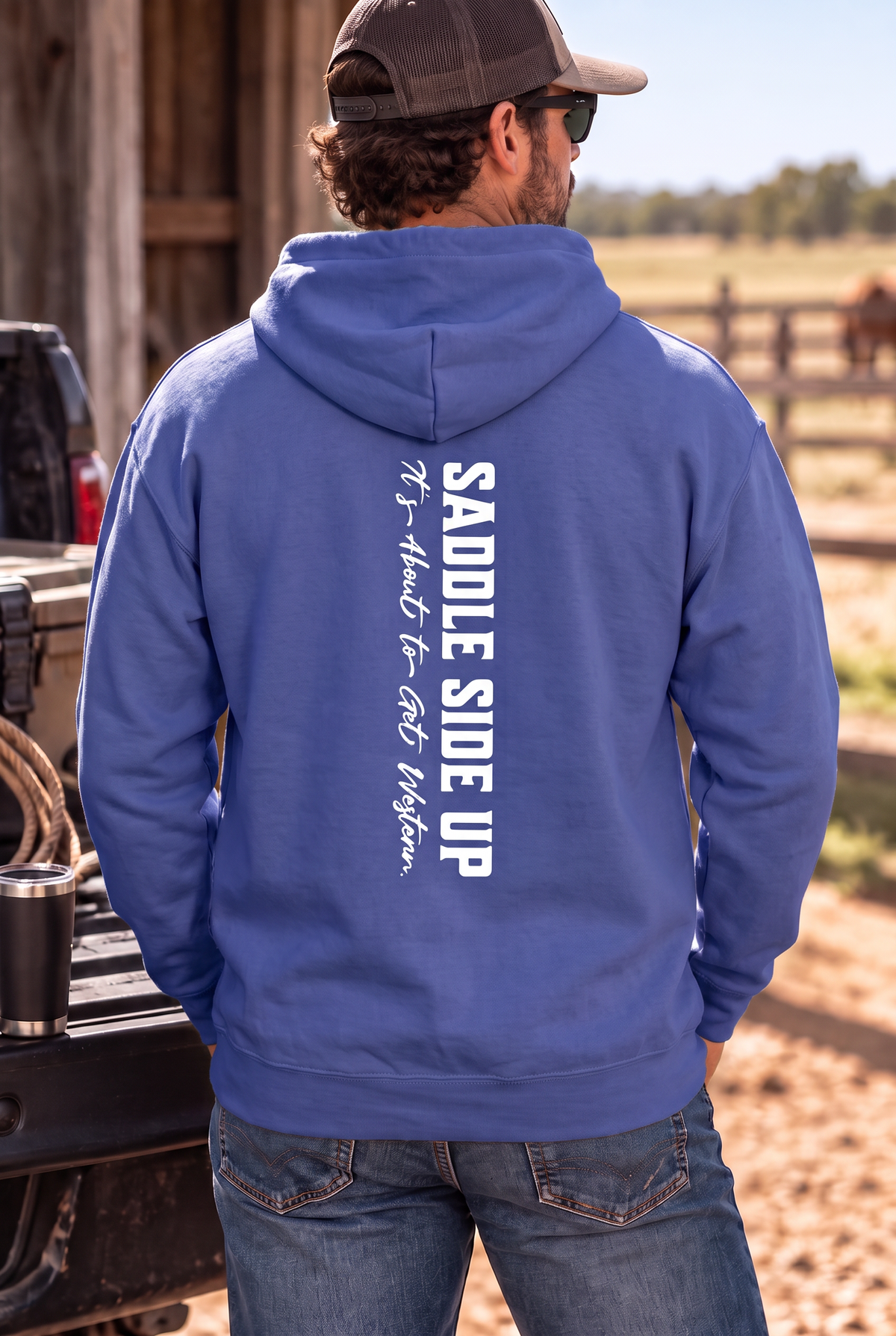 Get Western Hoodie in Cobalt — male model, back view