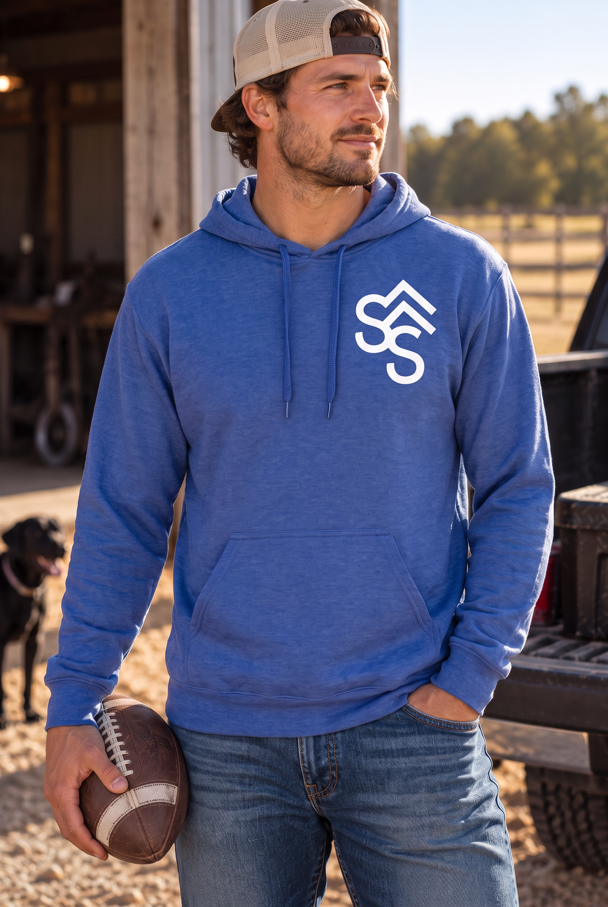 Get Western Hoodie in Cobalt — male model, front view