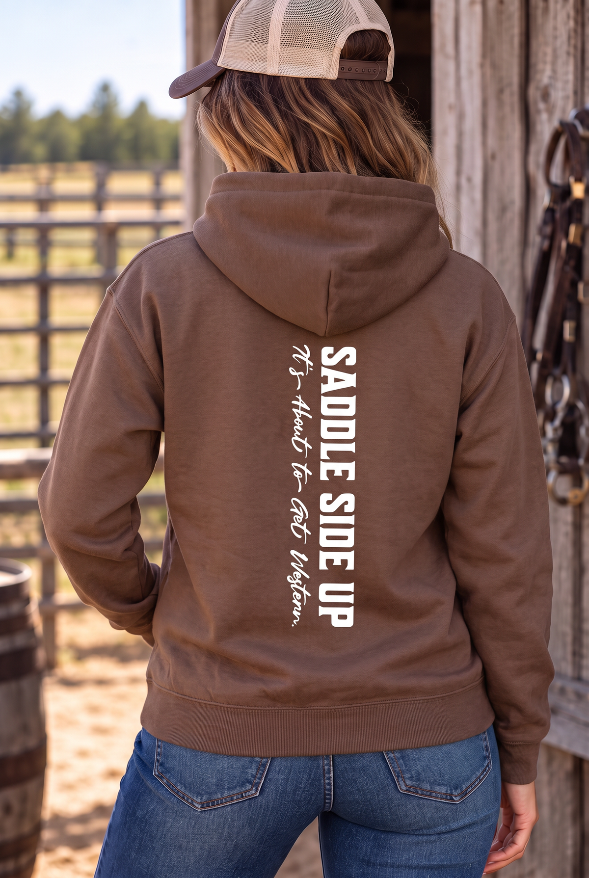 Get Western Hoodie in Cocoa — female model, back view